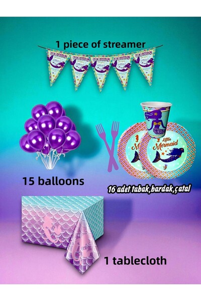 partylady مجموعة صغيرة بتصميم حورية البحر تتسع لـ 16 شخصًا - لحفلات أعياد الم...