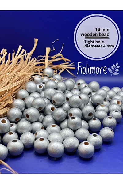 Fiolimore خرز خشبي رمادي فضي 14 ملم (50 جرام 48 قطعة) قطر الفتحة الضيقة 4 ملم...