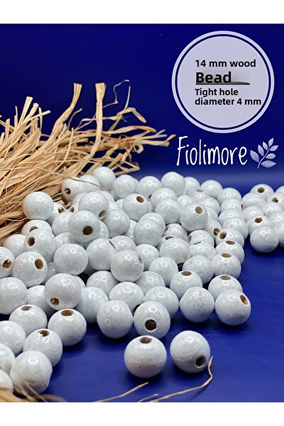 Fiolimore خرز خشبي أبيض 14 ملم (50 جرام 48 قطعة) قطر الفتحة الضيقة 4 ملم حقيب...
