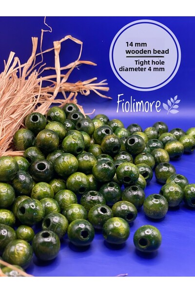 Fiolimore خرز خشبي أخضر كاكي 14 ملم (50 جرام 48 قطعة) قطر الفتحة الضيقة 4 ملم...