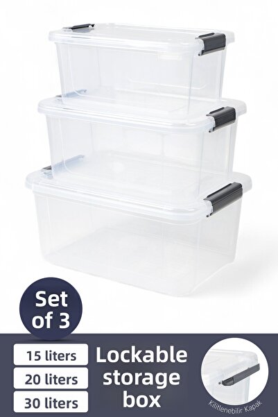 İronika 3-Piece Storage Container Horizontal Rectangular with Locking Lid Multi-Purpose Toy Storage Box 15-20-30 Liters