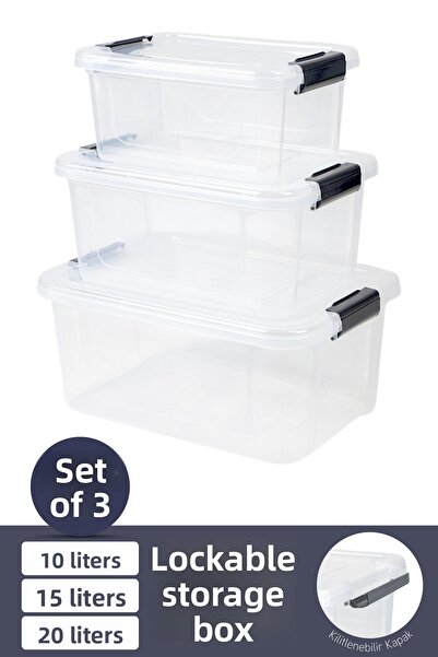 İronika 3-Piece Storage Container Horizontal Rectangular with Locking Lid Multi-Purpose Toy Storage Box 10-15-20 Liters