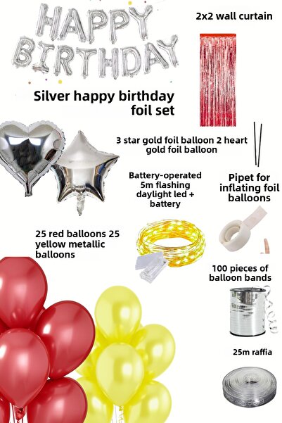 Baloncu Nene Silver Happy Birthday Foil Balloon Set Yellow Red Birthday Party Decorations