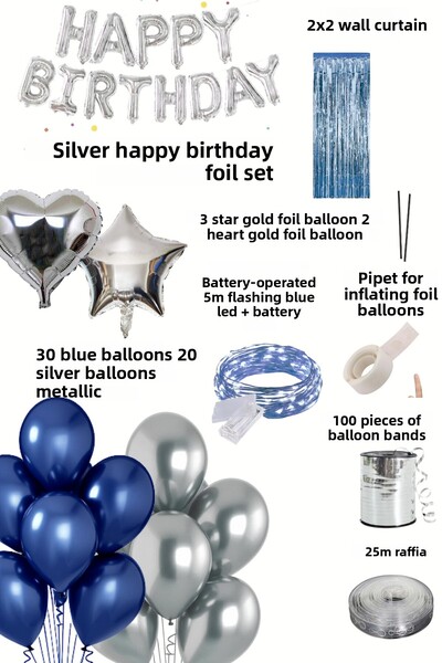 Baloncu Nene Gold Happy Birthday Foil Balloon Set Blue Silver Birthday Party Decorations