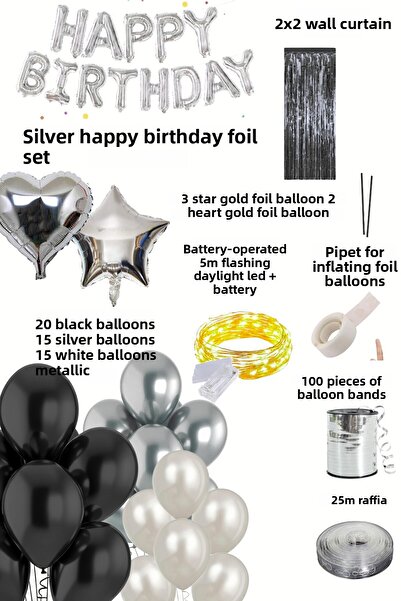 Baloncu Nene Silver Happy Birthday Foil Balloon Set Black White Silver Birthday Party Decorations