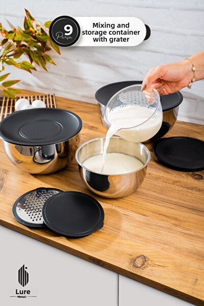 Homekolik 9-Piece Mixing Bowl and Storage Container Set – with Grater Head, 16-20-24 cm