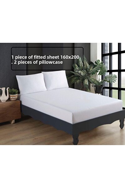 MEŞELİ TEKSTİL Luxury Cotton Satin Double and Single Striped Elastic Hotel Sheet Set 1 Sheet + 2 Pillowcases