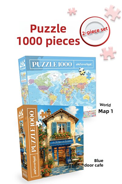 Neverland 2 Pcs 1000 Piece Puzzle- World Map- I and Blue Door Coffee Shop