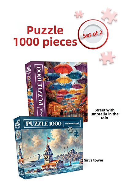 Neverland 2 Pcs 1000 Piece Puzzle - Girls Tower and Street with Rainy Umbrella