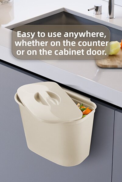 MYBOX Functional Trash Can with Strap 6L - Can Be Hung on Cabinet Door Practical under Counter Trash Bin Cream