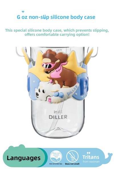 DILLER 580ml New Collection Cute Animals Fancy Tritan Kids Water Bottle With/Without Straw with Neck Strap