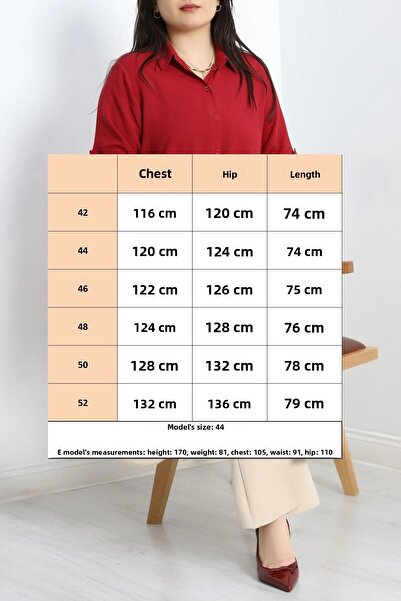 FOR ESRA BIG TREND Women's Large Size Solid Color Woven Viscose Shirt with Sleeves and Side Folds