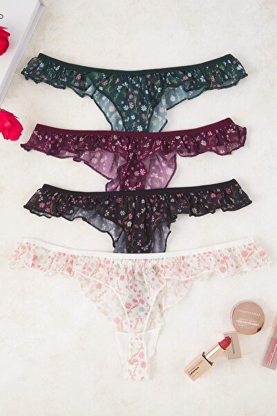 Trendyol Collection Multi-Colored 4-Pack Tulle Floral Thong Knitted Panties Thmaw26Ku00023