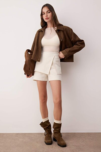 Trendyol Collection Stone Woven Tweed Skirt Look Shorts Twoaw26Sr00002