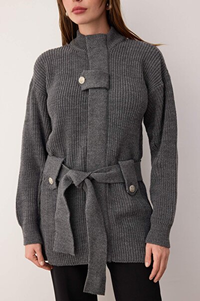 Trendyol Modest Tmavě antracitová pletená bunda na zip Cardigan TCTAW26TH00016