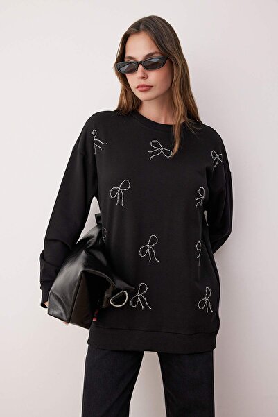 Trendyol Modest Black Stone Bow Detailed 3 Thread Knitted Sweatshirt Tctaw26Tw00002