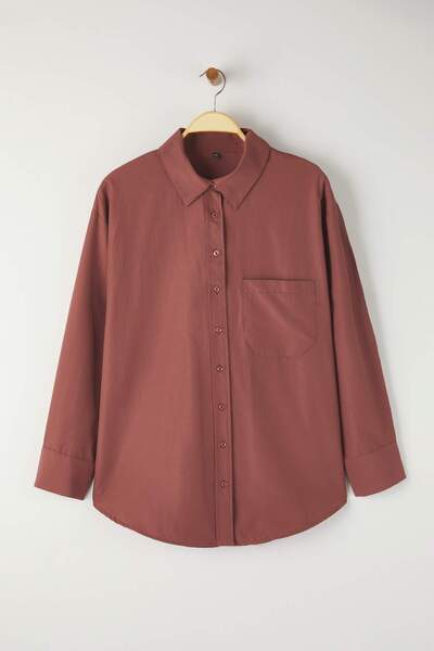 Trendyol Curve Brown Loose Fit Cotton Long Sleeve Plus Size Woven Shirt Tbbss22Go0323