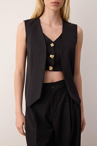 Trendyol Collection Vestă țesută cu detaliu de închidere cu nasturi negri TWOAW26YE00057