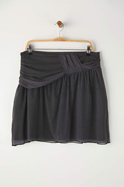 Trendyol Curve Black Polka Dot Patterned Gathered Waist Mini Tulle Knitted Plus Size Skirt Tbbaw26Az00026