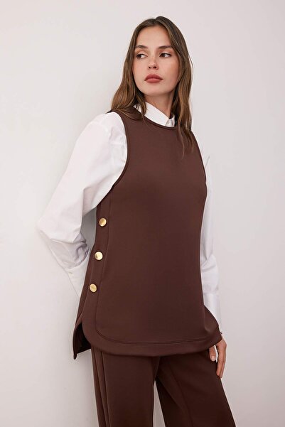 Trendyol Modest Dark Brown Side Button Detailed Knitted Bottom Top Set Tctaw26Us00049