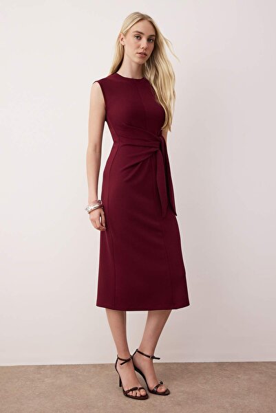 Trendyol Collection Burgundy Tie Detail A-Line Straight Midi Stretchy Knitted Dress Twoss25El00926
