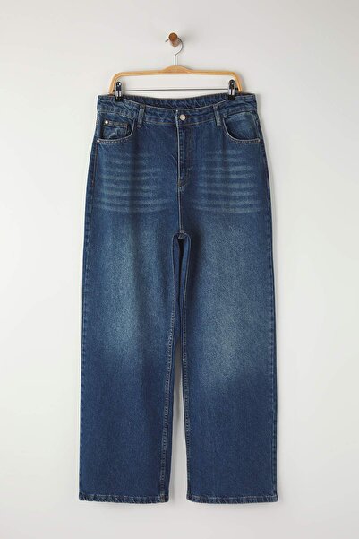 Trendyol Curve Blue High Waist Wide Leg Denim Plus Size Jeans Tbbss24Cj00028