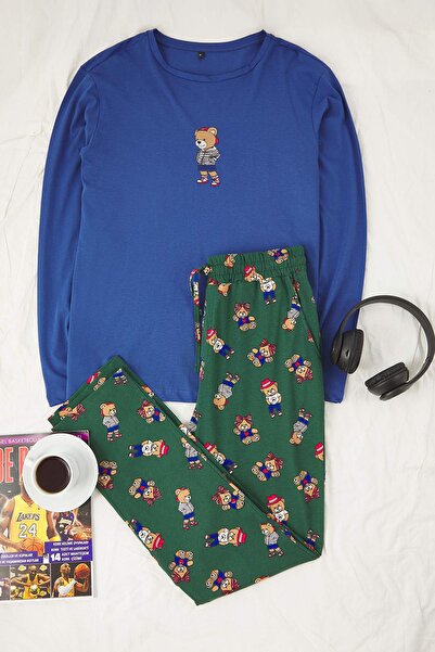 Trendyol Collection Indigo -Emerald Green Regular Fit Teddy Bear Printed Knitted Pajamas Set Tmnaw25Pt00044