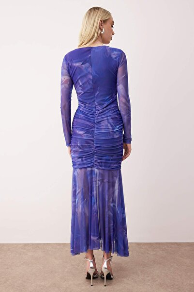 Trendyol Collection Purple Multi Color Body Fitting Tulle Knitted Evening Dress Night Homecoming Dress Tpraw25El00003