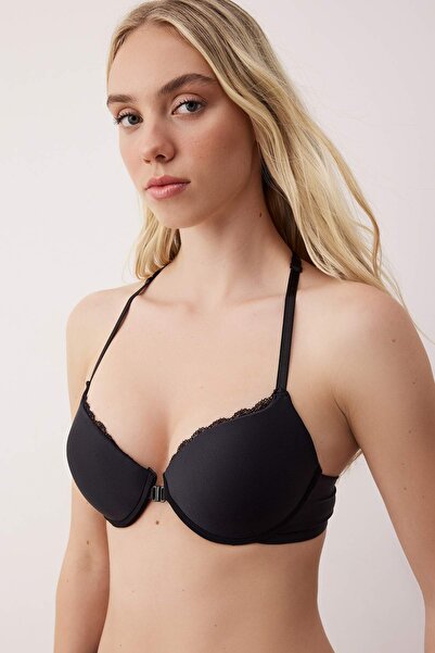 Trendyol Collection Чорний мікромереживний бюстгальтер-майка з пуш-апом і застібкою спереду THMAW26SU00003
