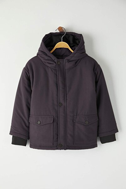 TRENDYOLKIDS Anthracite Plain Hooded Regular Boy's Coat Tkdaw26Mo00012