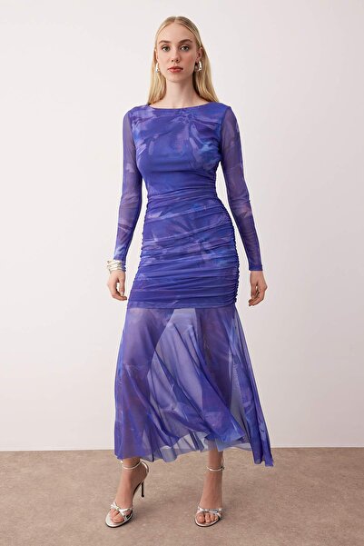 Trendyol Collection Purple Multi Color Body Fitting Tulle Knitted Evening Dress Night Homecoming Dress Tpraw25El00003