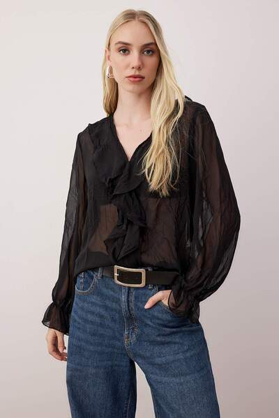 Trendyol Collection Black Boho Crinkle Look Chiffon See-Through Shirt Twoaw26Go00070