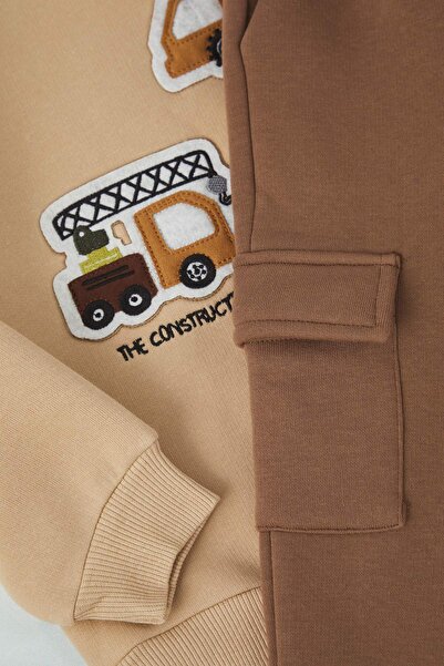 TRENDYOLKIDS Camel Cotton Printed Thick/Fleece Lined Regular Boys' Knitted Bottom - Top Set Tkdaw26Au00018