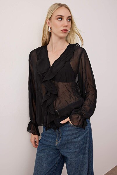 Trendyol Collection Black Boho Crinkle Look Chiffon See-Through Shirt Twoaw26Go00070
