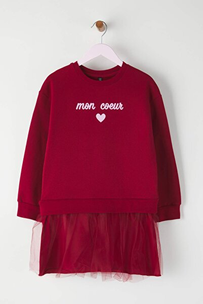 TRENDYOLKIDS Κερασί 100% βαμβακερό εμπριμέ φόρεμα με λαιμόκοψη σε γραμμή Α για κορίτσια πλεκτό φόρεμα TKDAW26EL00007