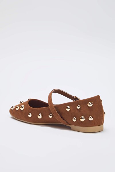 TRENDYOL SHOES Brown Suede Trok Embroidered Band Almond Toe Mary Jane Women's Ballet Flats Takss25Be00006