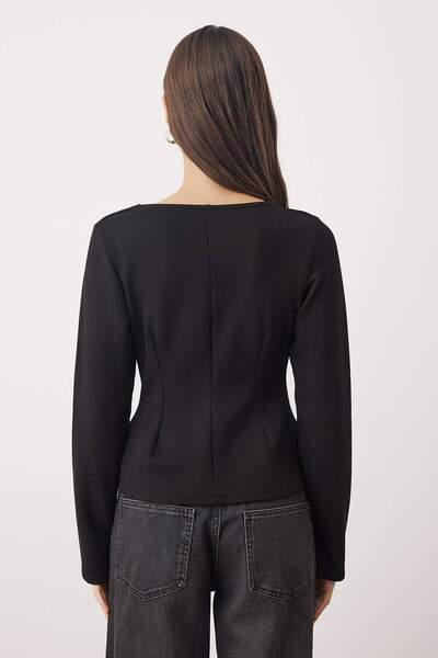 Trendyol Collection Black V-Neck Zipper Regular/Regular Cut Knitted Blouse Twoaw26Bz00180