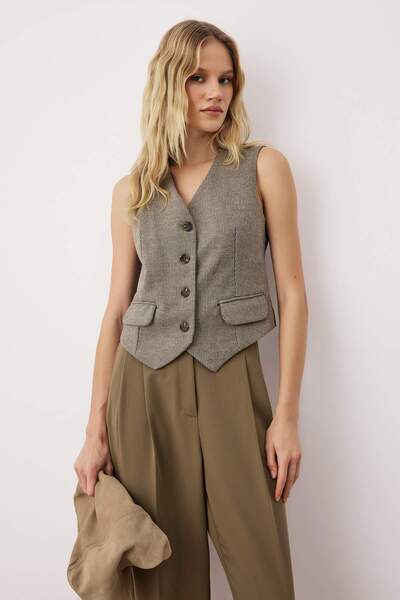Trendyol Collection Beige Front Embroidered Back Satin Woven Vest Twoaw26Ye00043