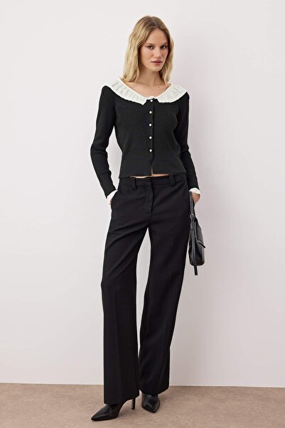 Trendyol Collection Black Lace Collar Detail Color Block Fitted/Body Wrap Knitwear Cardigan Twoaw26Hi00031