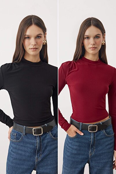 Trendyol Collection Negru-Burgundy Mâneci cu șnur Detaliat Ajustat/Se potrive...