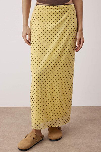 Trendyol Collection Yellow Polka Dot Patterned Tulle Lace Detailed Stretchy Skirt Twoss25Et00153