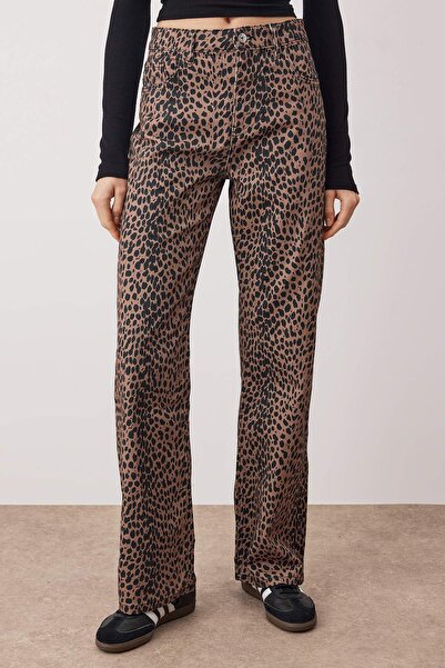 Trendyol Collection Többszínű leopárdmintás magas derekú széles szárú farmernadrág TWOAW26JE00105