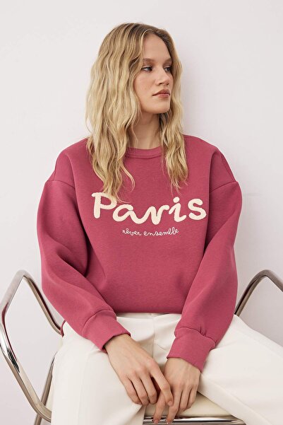 Trendyol Collection Gestricktes Sweatshirt mit Aufdruck „Dusty Rose“ und Slogan-Stickerei, Oversize/Schlagform, dickes Fleece-Innenfutter, TWOAW26SW00194