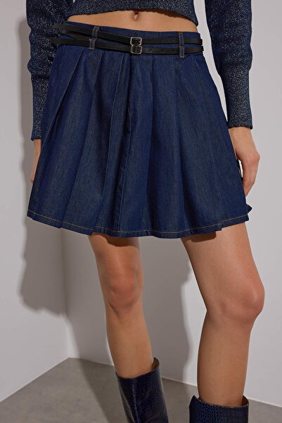 Trendyol Collection Limited Edition Dark Blue Pleated Belt Detailed Denim Skirt Twoaw26Et00064
