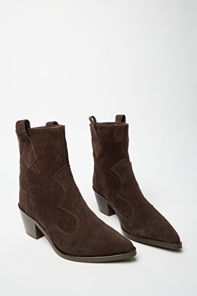 Madamra Kadın Kahverengi Süet Hakiki Deri Western Topuklu Bot – Sivri Burun & Topuklu