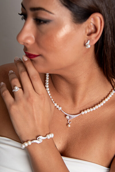 Sinemkacay 925 AYAR GÜMÜŞ RODYUM (BEYAZ ALTIN) KAPLAMA GERÇEK İNCİ SET