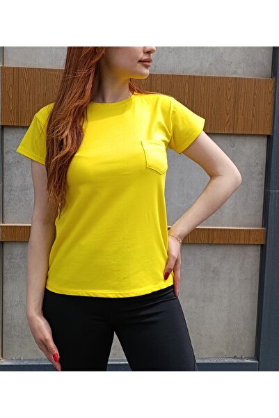 siyalife Ženska osnovna žuta majica sa okruglim izrezom i detaljnim džepovima