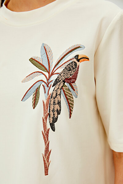 Allyco Πλεκτό μπλουζάκι με κεντημένη φιγούρα παπαγάλου με λαιμόκοψη από βαμβακερό άνετο πλεκτό μπλουζάκι