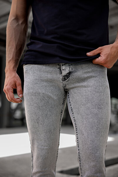 Newtime Men's Light Gray Snow Wash Slim Fit Slim Fit Lycra Stretch Jean Jeans