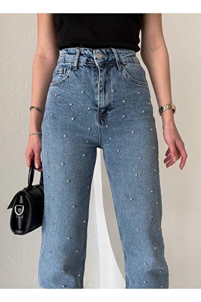 Bluezoni Kadın Mavi Renk Parlak Taşlı Wide Leg Özel Tasarım Denim Palazzo Pantolon